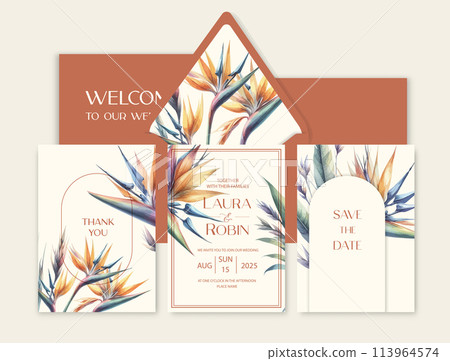 Luxury wedding invitation card background with watercolor Strelitzia flowers and botanical leaves. Luxury wedding invitation card background with watercolor Strelitzia flowers and botanical leaves. 113964574