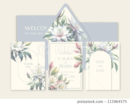 Luxury wedding invitation card background with watercolor Alstroemeria flowers and botanical leaves. Luxury wedding invitation card background with watercolor Alstroemeria flowers and botanical leaves. 113964575