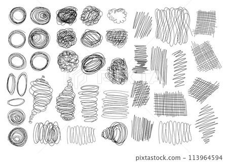 Set doodles. Grunge scrawls, scribbles, underlines and circles, spiral, curved shapes, shading, sketchy and textured form. Isolated vector hand drawn on white. Set doodles. Grunge scrawls, scribbles, underlines and circles, spiral, curved shapes, shading, sketchy and textured form. Isolated vector hand drawn on white. 113964594