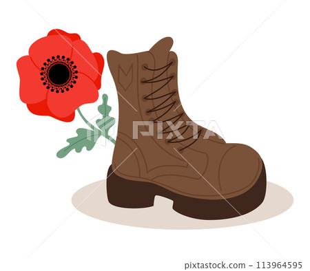 Military veteran boot with red poppy flower. Vector illustration in flat style. 113964595