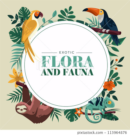 Flat exotic flora and fauna round frame background with wild animals and tropical plants 113964876