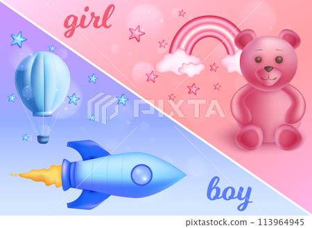 Realistic baby shower background with toys for boys and girls Realistic baby shower background with toys for boys and girls 113964945