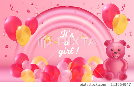 Realistic baby shower horizontal banner template for a girl with balloons and teddy bear Realistic baby shower horizontal banner template for a girl with balloons and teddy bear 113964947