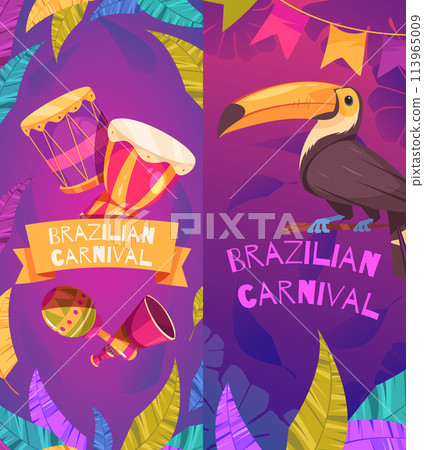 Hand drawn flat cartoon brazilian carnival vertical banner template set with a toucan and musical instrument Hand drawn flat cartoon brazilian carnival vertical banner template set with a toucan and musical instrument 113965009