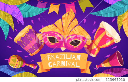 Hand drawn flat cartoon brazilian carnival background with a carnival mask and musical instrument 113965010