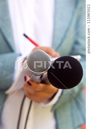 Female journalist at news conference, writing notes, holding microphone 113965021