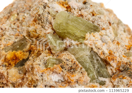 Macro stone Apatite mineral on white background Macro stone Apatite mineral on white background 113965229