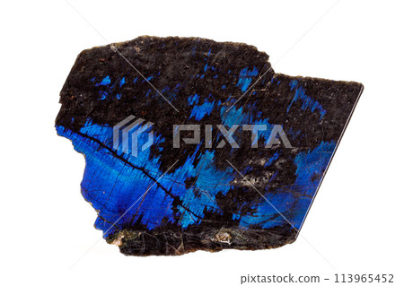 Macro of a stone Labradorite mineral on a white background 113965452