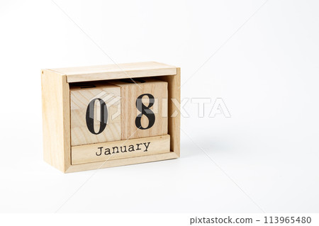 Wooden calendar January 08 on a white background Wooden calendar January 08 on a white background 113965480