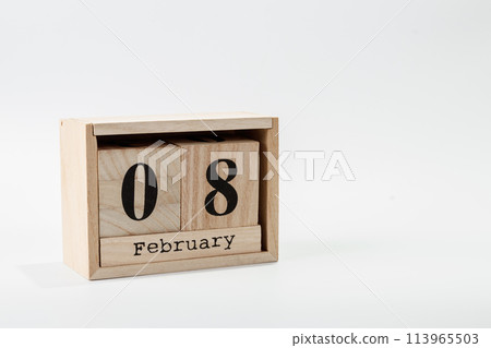 Wooden calendar February 08 on a white background Wooden calendar February 08 on a white background 113965503
