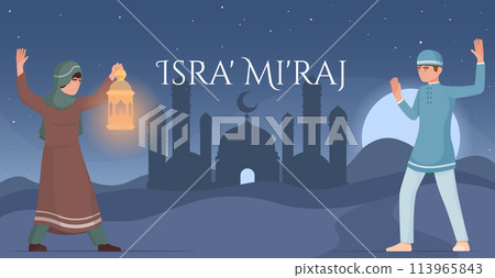 Hand drawn flat Isra Miraj composition background with muslim characters 113965843