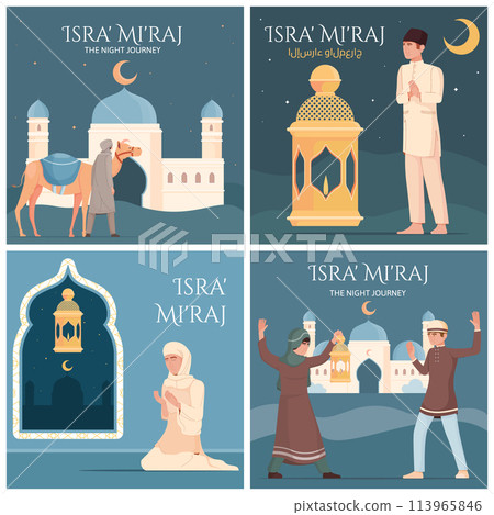 Hand drawn flat Isra Miraj cards collection with muslim people celebrating Hand drawn flat Isra Miraj cards collection with muslim people celebrating 113965846