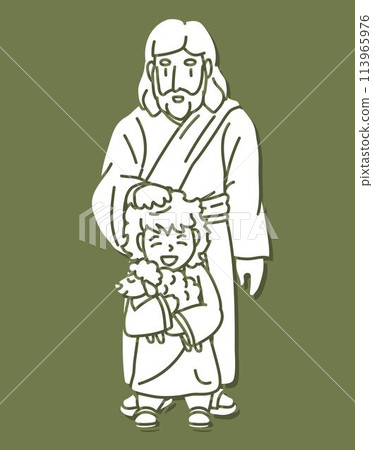 Jesus Places His Hands on His Head and Blesses the Shepherd Boy Holding a Lamb Cartoon Graphic Vector 113965976