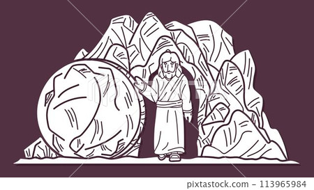 Jesus Risen from the Dead and Walked out of the Garden Tomb Passover Feast Cartoon Graphic Vector 113965984