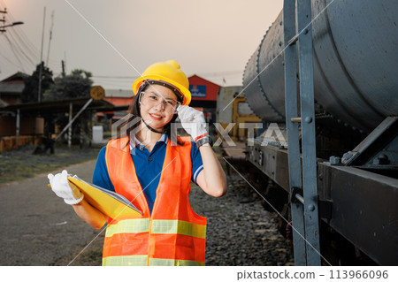 portrait Asian young teen engineer worker standing happy smile outdoor waring safety reflective with hardhat. portrait Asian young teen engineer worker standing happy smile outdoor waring safety reflective with hardhat. 113966096