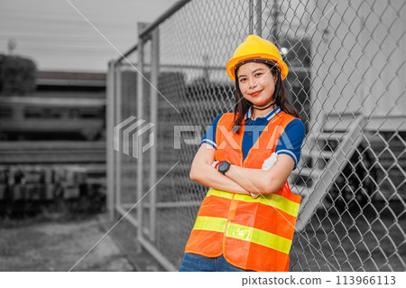 portrait young women worker standing happy smile with safety hardhat. smart employee lady working in industry. portrait young women worker standing happy smile with safety hardhat. smart employee lady working in industry. 113966113