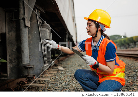 Train locomotive engineer women worker. Young teen Asian working check service maintenance train using tablet computer software. Train locomotive engineer women worker. Young teen Asian working check service maintenance train using tablet computer software. 113966141