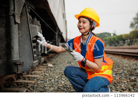 Train locomotive engineer women worker. Young teen Asian working check service maintenance train using tablet computer software. 113966142