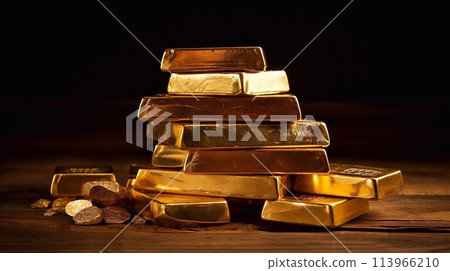 A pile of gold bars on the table. 113966210