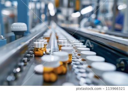 Tablets and capsules on a conveyor belt in a modern factory. Tablets and capsules on a conveyor belt in a modern factory. 113966321