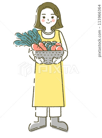 Middle-aged woman farming Farmer holding a basket of vegetables 113966364