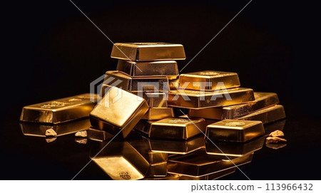 A stack of gold bars on a dark background. 113966432