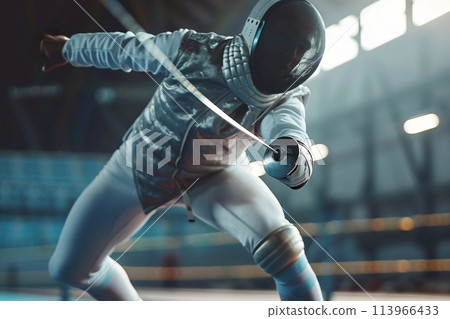 Female fencer in helmet and gloves with sword in hand at gym 113966433