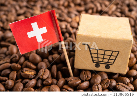 Switzerland flag with shopping cart on coffee bean, import export trade online commerce. 113966519
