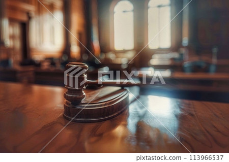 Law theme, mallet of judge, wooden gavel on table 113966537