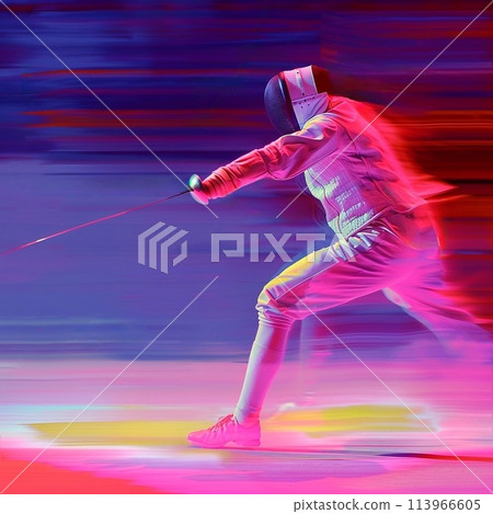 Fencer wearing fencing costume with sword in neon light. 113966605