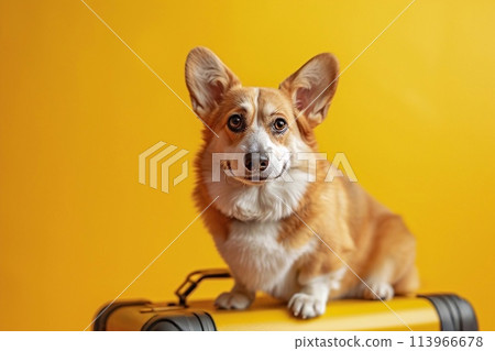 Pembroke Welsh Corgi dog sits on a suitcase Pembroke Welsh Corgi dog sits on a suitcase 113966678