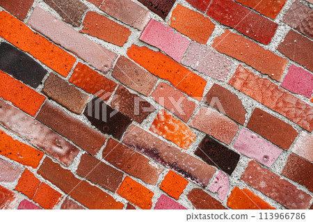Textured Red and Pink Brick mosaic Wall Close-up View Textured Red and Pink Brick mosaic Wall Close-up View 113966786