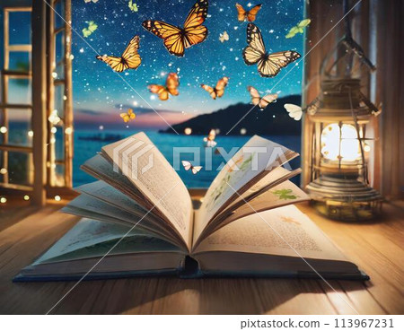 Children's room at night: Butterflies fly out of a book Children's room at night: Butterflies fly out of a book 113967231
