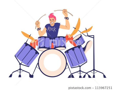 Drummer. Rock music character plays with sticks on drums and and cymbals, show entertainment concept, performing song. Talented musician. Musical vector cartoon flat isolated on white illustration 113967251
