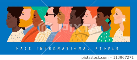 Art characters. International people faces. Global communication. Woman and man portrait side view. Avatar heads. Multiracial group. Young African and Caucasian persons. Vector diversity banner design 113967271