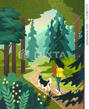 Forest illustration. Path in woods. trees. Woman walking with dog. Woodland landscape. Natural park. Holiday in nature. Summer hiking travel card. Trees foliage and flowers. Vector background design 113967272