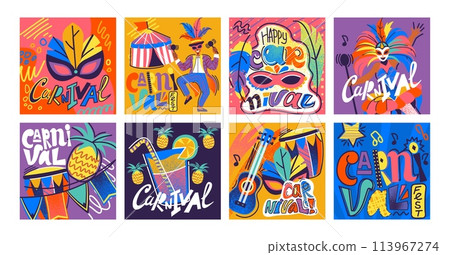 Carnival party poster. Festival costume and mask. Circus fair. Music concert. Brazilian fest background. Cocktail bar. People festive dance. Happy man and woman. Abstract banners vector design set 113967274