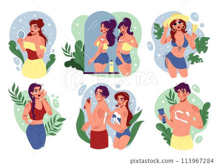 Sun sunburn. Heat body skin care. Sunbathing people at beach. Woman applying moisturizing cream. SPF cosmetic lotion. Exposure dehydration. Sunstroke protection. Hot summer weather. Vector tidy set Sun sunburn. Heat body skin care. Sunbathing people at beach. Woman applying moisturizing cream. SPF cosmetic lotion. Exposure dehydration. Sunstroke protection. Hot summer weather. Vector tidy set 113967284