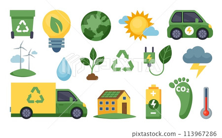 Carbon footprint. Green energy. Environment conservation. Sustainable climate. CO2 exhaust. Electrical car. Eco change. Electricity consumption. Global warming. Garbage recycle. ESG icons vector set 113967286