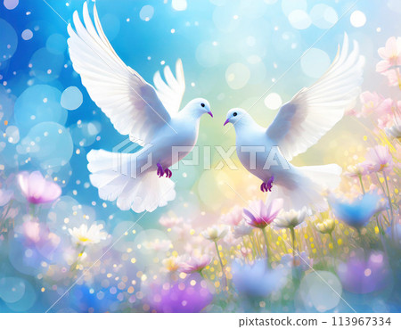 Two white doves fly up into the blue sky in a colorful spring flower field 113967334