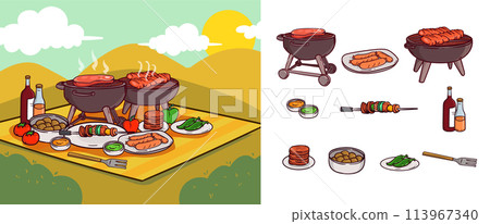 BBQ party illustration and icons in hand drawn design 113967340