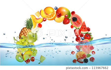 Fresh fruit and sweet berries in transparent water and oxygen bubble. Pineapple, banana, cherry, orange, guava, pear, citron, peach, mango, papaya, grape, kiwi, strawberry, orange. Vector. Fresh fruit and sweet berries in transparent water and oxygen bubble. Pineapple, banana, cherry, orange, guava, pear, citron, peach, mango, papaya, grape, kiwi, strawberry, orange. Vector. 113967662