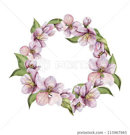 Pink apple tree flowers wreath watercolor frame for mother's day. Spring blossom banner with pink flowers and green leaves , romantic design for wedding, invitation, card decoration, product packing Pink apple tree flowers wreath watercolor frame for mother's day. Spring blossom banner with pink flowers and green leaves , romantic design for wedding, invitation, card decoration, product packing 113967865