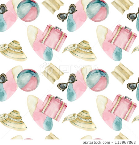 Pink retro luggage, map, colorful ball, surf and sunglasses seamless pattern. Summer trip background for travel agency booklet, stationery design. Tropical cruise. Beach holidays Pink retro luggage, map, colorful ball, surf and sunglasses seamless pattern. Summer trip background for travel agency booklet, stationery design. Tropical cruise. Beach holidays 113967868