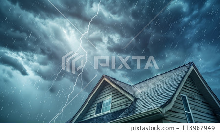Houses exposed to harsh elements, roofs hit by heavy rain and lightning 113967949