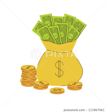 A bag full of gold coins and cash 113967961