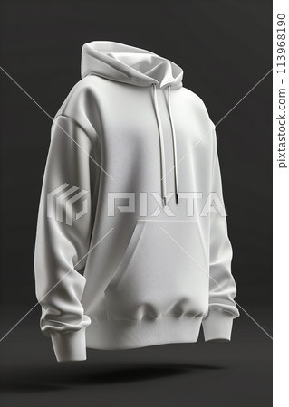A white hoodie is shown in a 3D rendering, with the hood pulled up A white hoodie is shown in a 3D rendering, with the hood pulled up 113968190
