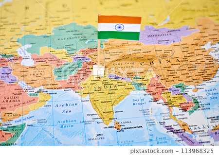 India on world map with flag 113968325