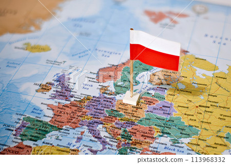 Poland on world map with flag Poland on world map with flag 113968332