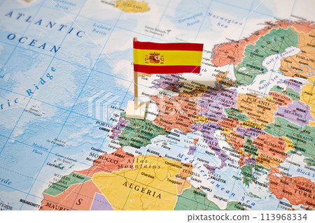 Spain on world map with flag 113968334